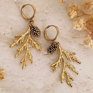 Cottagecore Pinecone Branch Earrings Gold Tone, Engraved Detailing